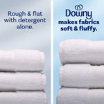 Split comparison of stacked white towels showing 'Rough & flat with detergent alone' vs 'Downy makes fabrics soft & fluffy'