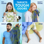Four-panel graphic illustrating Downy targeting pet, musty, sweat and urine odors with people and garments
