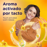 Advertising graphic with smiling woman, yellow floral accents and text about touch-activated scent release for Downy
