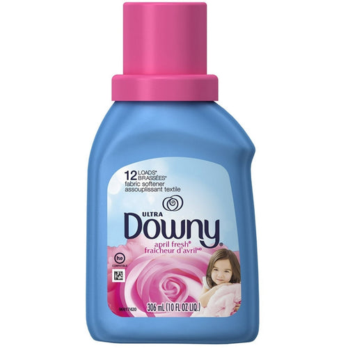 Blue Downy Ultra liquid fabric softener bottle, April Fresh label with pink cap and rose graphic