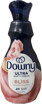 Front view of a Downy Ultra Soft + Fresh Bliss fabric softener bottle with rose graphic