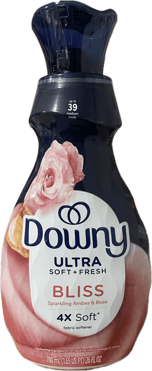 Front view of a Downy Ultra Soft + Fresh Bliss fabric softener bottle with rose graphic