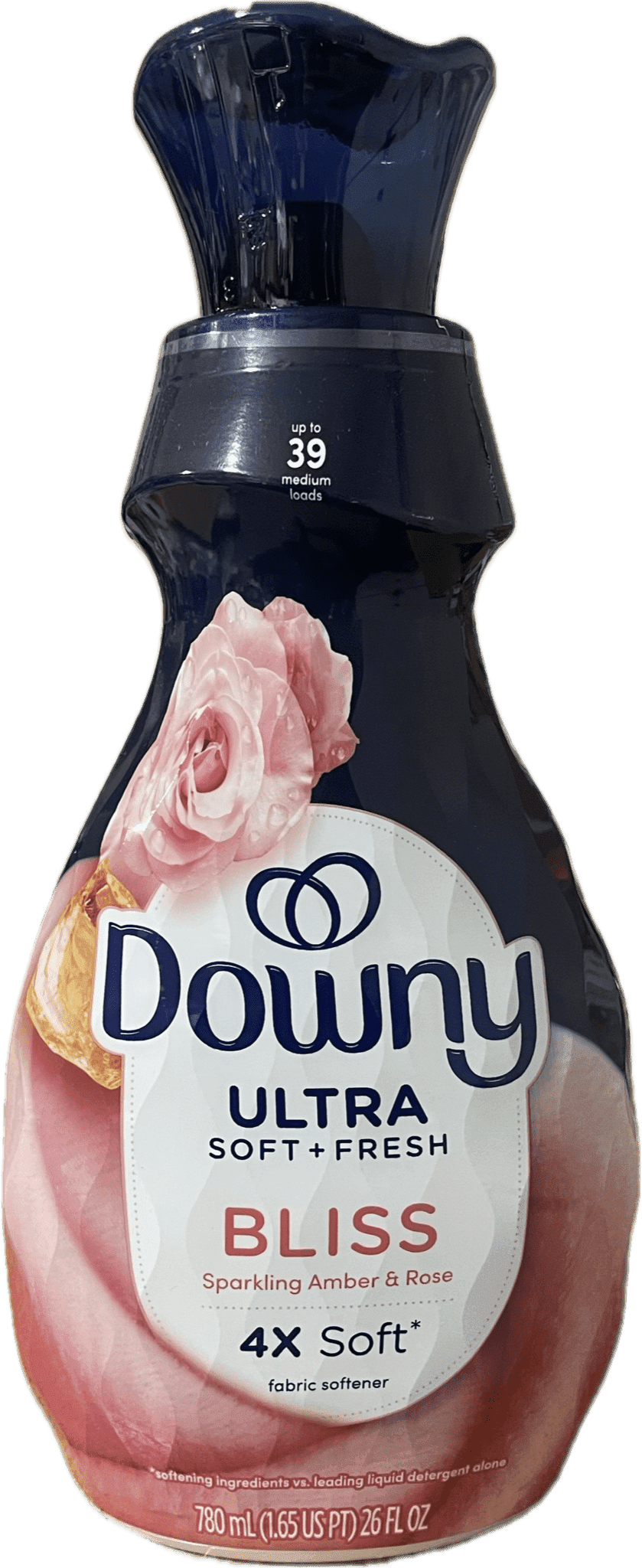 Front view of a Downy Ultra Soft + Fresh Bliss fabric softener bottle with rose graphic