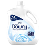 White jug of Downy Ultra Free & Gentle fabric conditioner with blue floral label and '150 loads' callout.