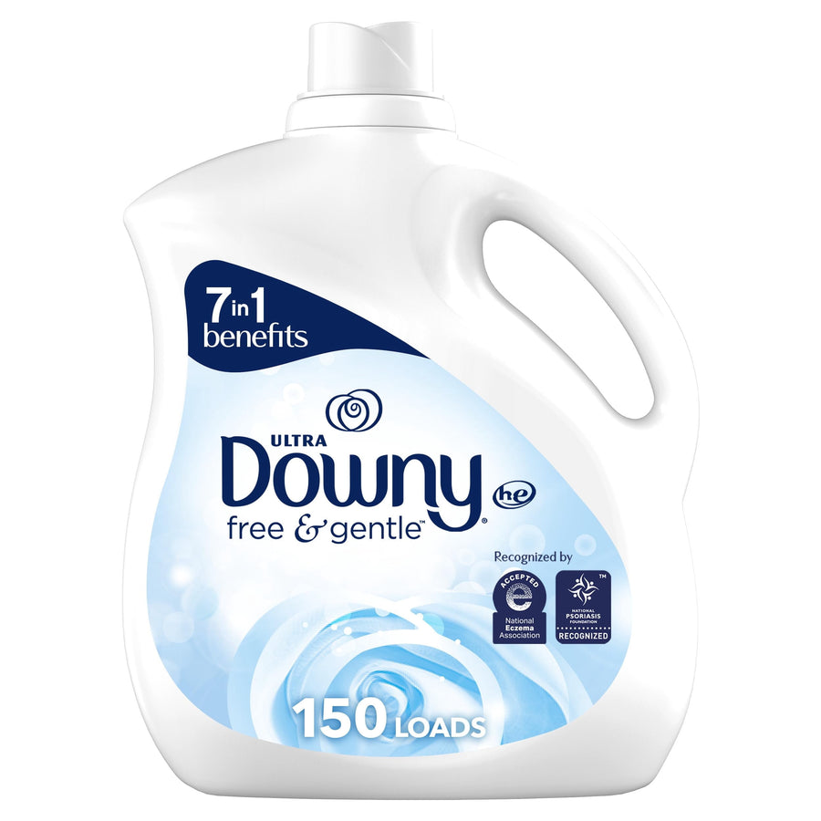 White jug of Downy Ultra Free & Gentle fabric conditioner with blue floral label and '150 loads' callout.