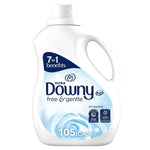 Front of a white Downy Ultra Free & Gentle fabric conditioner bottle showing blue label and '105 LOADS' on the front.