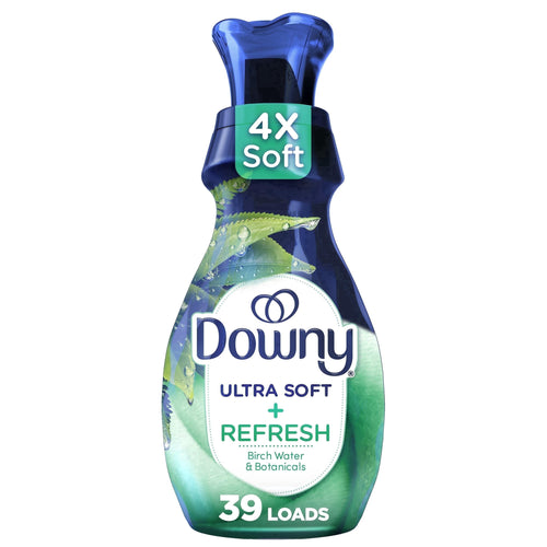 Downy Ultra Soft Refresh bottle with green-blue label and 4X Soft badge, front product shot