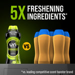Promotional comparison graphic showing Downy Unstopables Paradise bottle and text '5X FRESHENING INGREDIENTS' versus competitor bottles