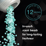 Close-up infographic of teal scent beads pouring from a bottle with text stating lasts up to 12 weeks