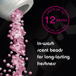 Graphic of pink scent beads pouring from a container with text noting up to 12 weeks and in-wash scent beads for long-lasting freshness