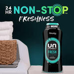 Downy Unstopables Fresh bottle pictured on a laundry surface next to towel basket with '24 HR NON-STOP FRESHNESS'