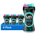 Four Downy Unstopables Fresh scent booster bottles shown as a 4-pack display with one large bottle foreground