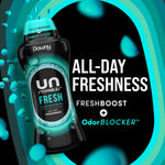 Stylized ad art showing Downy Unstopables Fresh bottle with teal beads and text ‘All-Day Freshness’