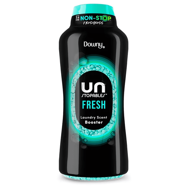 Black bottle of Downy Unstopables Fresh laundry scent booster with turquoise cap and visible scent beads window