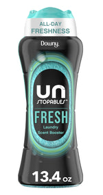 Tall black bottle of Downy Unstopables Fresh in-wash scent booster with teal cap and label