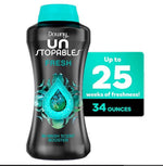 Product shot of Downy Unstopables Fresh bottle with teal badge reading 'Up to 25 weeks of freshness! 34 ounces'