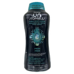 Front view of Downy Unstopables in-wash scent booster bottle in black with teal cap and Fresh branding