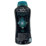 Tall black Downy Unstopables Fresh scent booster bottle showing front label and ingredients block near base