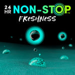Graphic close-up of Downy Unstopables Fresh branding with floating beads and "24 HR NON-STOP FRESHNESS" text