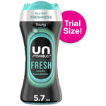 Front-facing Downy Unstopables Fresh trial-size bottle with 'Trial Size' badge and 5.7 oz visible