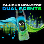 Downy Unstopables Fusions bottle with dynamic blue and green swirls and floating scent beads, dual scents message.