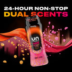 Downy Unstopables Fusions scent duos bottle with pink and orange beads, framed by flowing fabric and bold 'dual scents' text