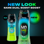 Promotional graphic showing old and new Downy Unstopables Fusions packaging with 'NEW LOOK' headline.