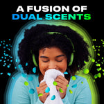 Lifestyle-style image of a person smelling a towel with colorful scent beads and 'A fusion of dual scents' headline