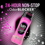 Promotional image of a tilted Downy Unstopables Fusions bottle with pink and white scent beads radiating outward and 24-hour odor blocker text