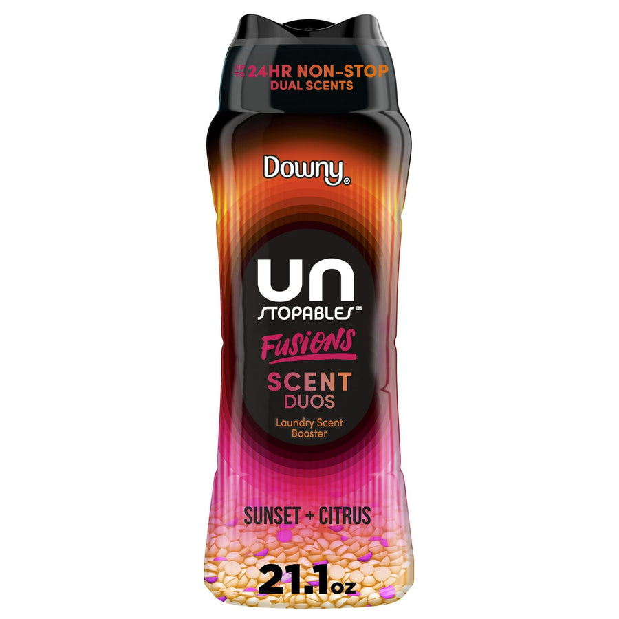 Tall plastic bottle of Downy Unstopables Fusions Scent Duos in Sunset + Citrus packaging with colorful bead graphic