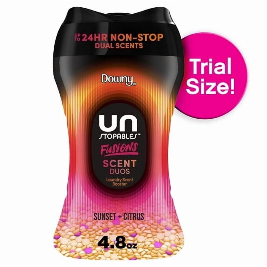 Downy Unstopables Fusions in-wash scent booster bottle labeled Sunset + Citrus with trial-size badge
