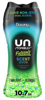 Tall Downy Unstopables Fusions bottle with green and blue scent beads visible, labeled Twilight + Jasmine.