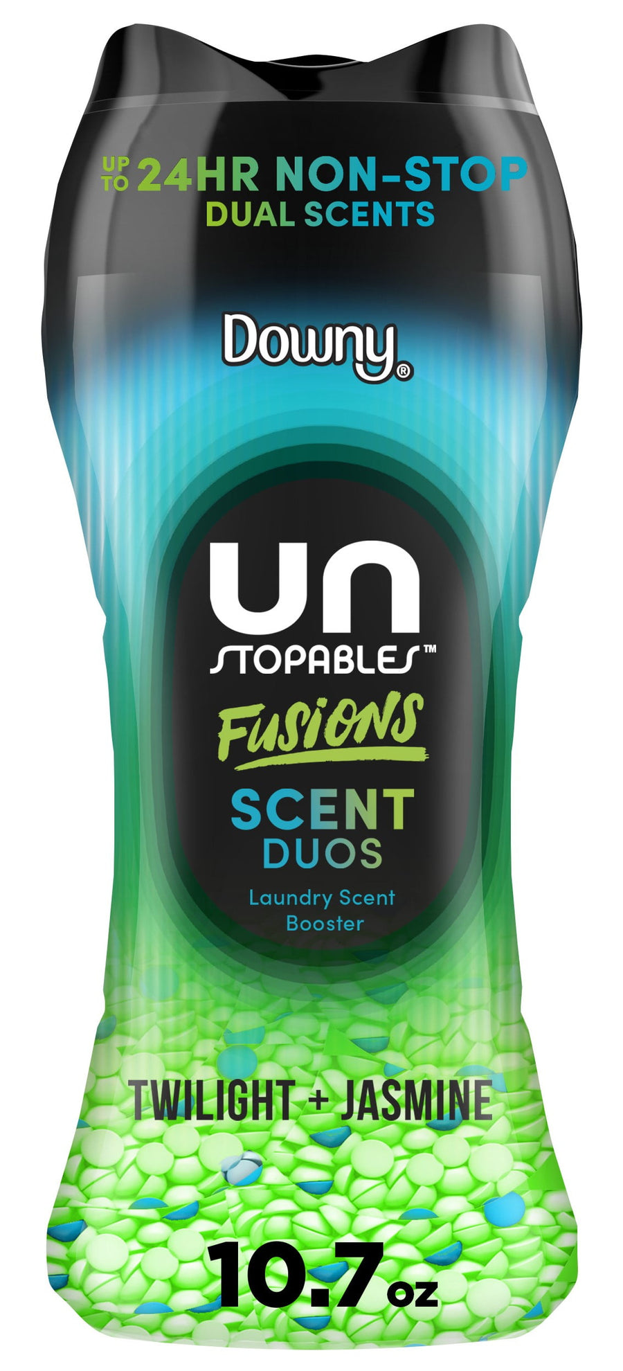 Tall Downy Unstopables Fusions bottle with green and blue scent beads visible, labeled Twilight + Jasmine.