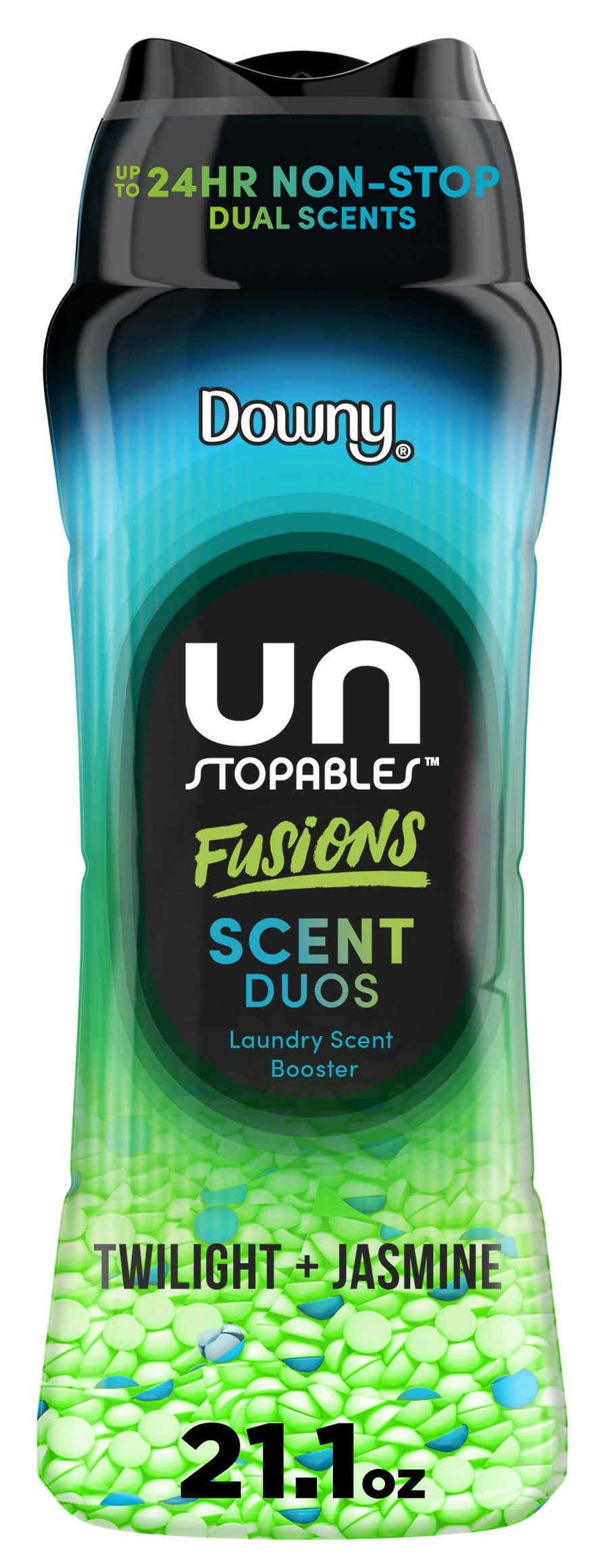 Tall Downy Unstopables Fusions scent booster bottle with green and blue beads visible and 'Twilight + Jasmine' label
