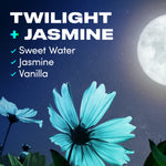Nighttime themed graphic showing blue flowers, moon and text listing Twilight + Jasmine scent notes like jasmine and vanilla.
