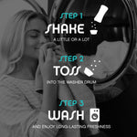 Grayscale lifestyle instruction graphic showing three steps: shake, toss, wash with a person smelling laundry