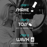 Instructional lifestyle graphic showing steps to shake, toss, and wash with a person smelling laundry beside a washer drum.