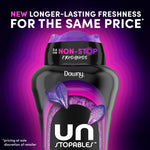 Close-up of Downy Unstopables Lush bottle top with purple concentric background and 'longer-lasting freshness' text