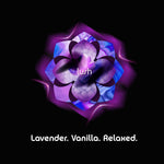 Stylized purple floral emblem on black background with the word 'lush' and scent notes 'Lavender. Vanilla. Relaxed.'