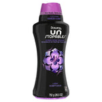 Front view of Downy Unstopables Lush black bottle with purple cap, floral design and 26.5 oz callout