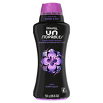 Front-facing Downy Unstopables Lush black bottle with purple cap and floral branding on a white background