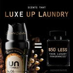 Marketing image showing Downy Unstopables bottle beside a perfume bottle graphic and text ‘Luxe Up Laundry’.