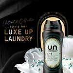Downy Unstopables Unlimited Collection N.11 bottle on black background with text ‘Luxe Up Laundry’ and flowers.