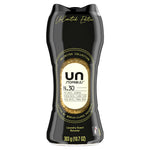 Tall black bottle of Downy Unstopables scent booster beads labeled N.30 with visible clear window showing beige beads