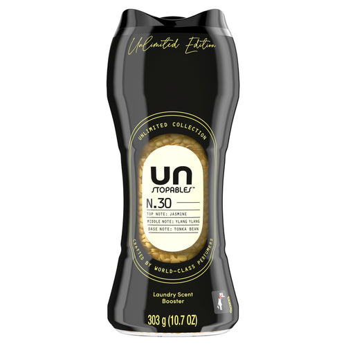 Tall black bottle of Downy Unstopables scent booster beads labeled N.30 with visible clear window showing beige beads