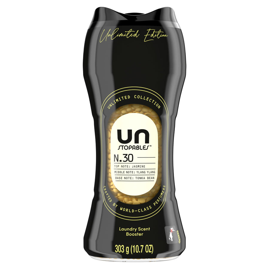 Tall black bottle of Downy Unstopables scent booster beads labeled N.30 with visible clear window showing beige beads