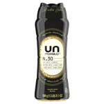 Tall black Downy Unstopables N.30 scent booster bottle showing gold fragrance beads and label