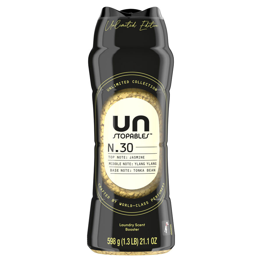 Tall black Downy Unstopables N.30 scent booster bottle showing gold fragrance beads and label