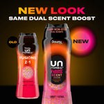 Graphic comparing old and new Downy Unstopables Fusions scent booster packaging with 'New Look' headline