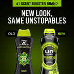 Comparison ad showing old and new Downy Unstopables Paradise bottle designs with headline 'NEW LOOK, SAME UNSTOPABLES'